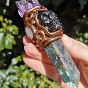 Labradorite Spiritual Power Crystal Wand - Spiritual Awakening - Labradorite, Amethyst, Rainbow Obsidian Skull - Handmade Shamanic Wand