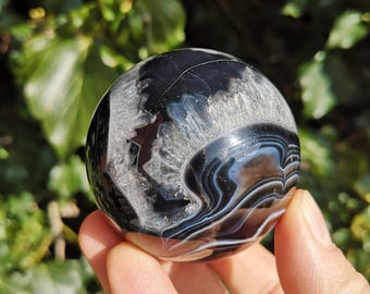 Tuxedo Agate 57mm Druzy - Black Sardonyx Sphere 258g - Rare Banded Black Onyx Ball - Black Agate Sphere With Druzy, Swirls + Banding