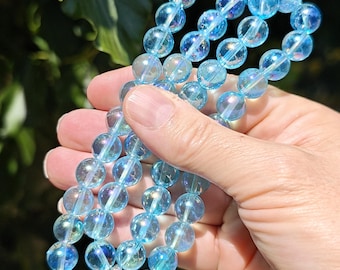 Aqua Aura Quartz Bead Necklace -  Vivid Blue Aura Quartz 10mm Bead Necklace - Quartz Gold Electroplate Stretch Necklace - High Vibration Gem
