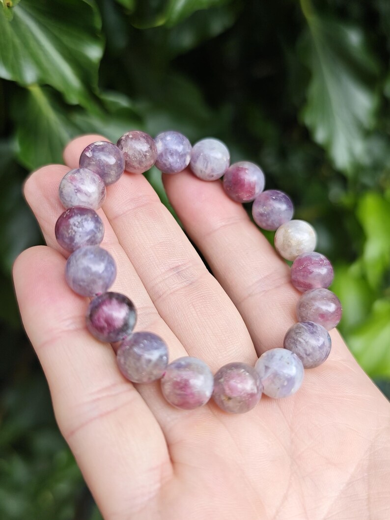 Unicorn Stone Large Bead Bracelet - Pegmatite 11mm Bead Bracelet - Pink Tourmaline, Lepidolite, Smokey Quartz Combi Bracelet 7-7 1/4 inch zdjęcie 11