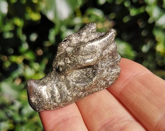 Pyrite Dragons Head 36g - Fools Gold Carved Dragon 1.5inch - Metal Dragon Head Crystal Carving - Grounding Dragon - Protection Dragon