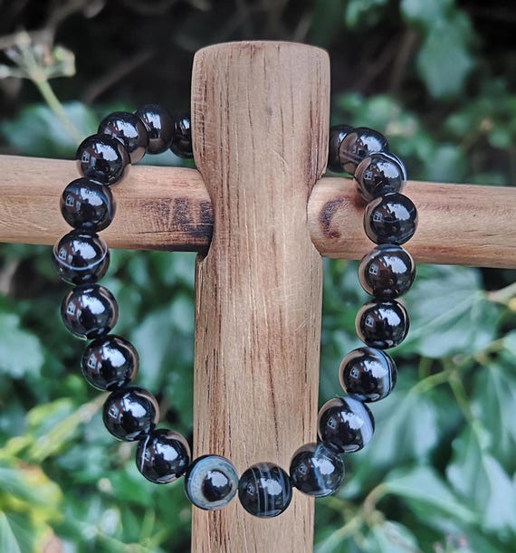 Black Banded Agate Bracelet - Black Sardonyx 8mm Bead Bracelet - Sardonyx Crystal Protection Bracelet - 7 inch wrist size