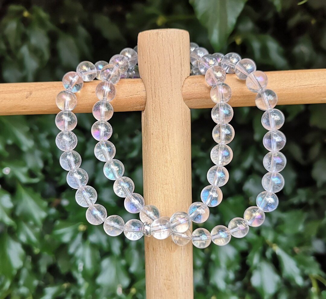Angel Aura Quartz Necklace 8mm Pink, Peach Blue Sheen Angel Aura Quartz