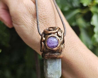 Labradorite & Amethyst Pendant - Handmade Labradorite With Amethyst Necklace - Clay Crystal Creation  - Transformation Healing