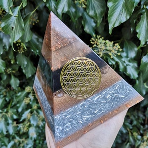 Orgone Generator - Smokey Quartz Orgonite Pyramid -Black Tourmaline EMF Protection - Selenite Cleansing - 1/2 Sacred Cubit Tensor Ring Large