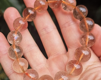 Golden Rutile Large Bead Bracelet - Rare Golden Rutilated Quartz 13.5mm Bead Bracelet - Rainbow & Golden Rutile - for 7 1/2 - 8 inch wrist
