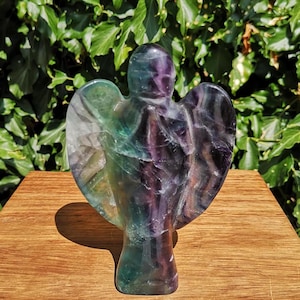 Rainbow Fluorite Angel Carving 432g - Zig Zag Pattern Green Fluorite Angel 138mm - Banded Blue Fluorite Angel - Multicolor Fluorite Angel