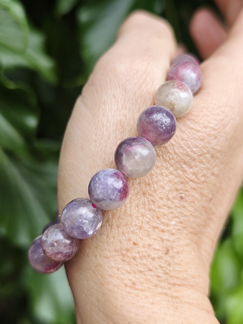 Unicorn Stone Large Bead Bracelet - Pegmatite 11mm Bead Bracelet - Pink Tourmaline, Lepidolite, Smokey Quartz Combi Bracelet 7-7 1/4 inch zdjęcie 7