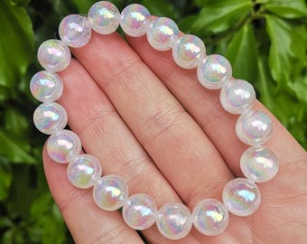 Rainbow Aura Selenite Bead Bracelet - Angel Aura Selenite 10mm Bead Bracelet - Liquid Light Gemstone Stretch Bracelet - Unicorn Aura
