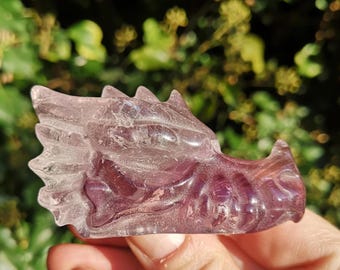 Amethyst Dragons Head - Amethyst 2 3/4 inch Dragon Stone Skull - Amethyst Crystal 99g Protection Dragon with Rainbows