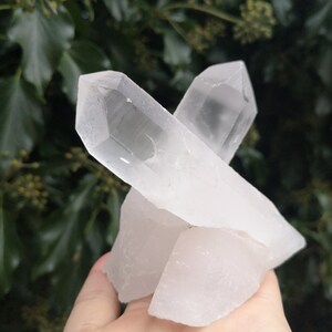 May include: A cluster of clear quartz crystals with sharp points, arranged in a cross shape. The crystals are translucent and have a slight milky hue.