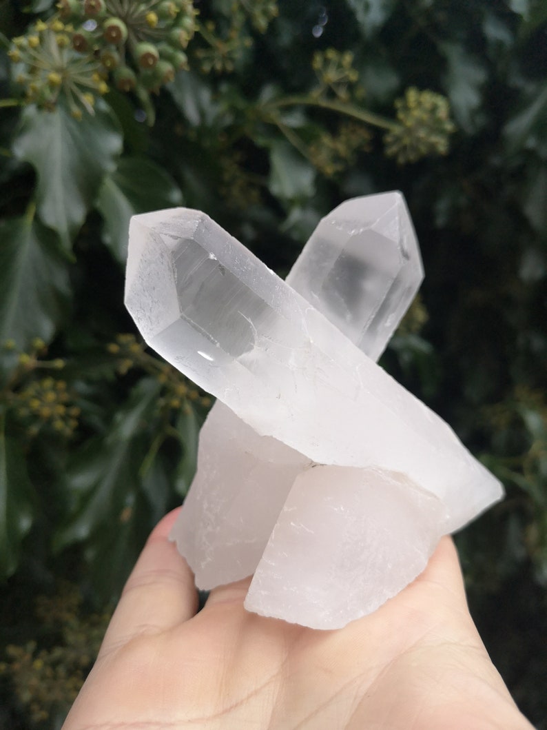 May include: A cluster of clear quartz crystals with sharp points, arranged in a cross shape. The crystals are translucent and have a slight milky hue.