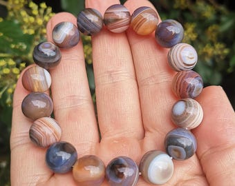 Botswana Agate Large Bead Bracelet - Grey & Peach Agate 12mm Bead Bracelet - Brown Sardonyx - Calming Energy, Stability + Balance 7-7 1/4 "