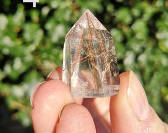 Rutilated Copper in Quartz Tower - Rutile Quartz with Gold & Copper - Copper Rutile in Quartz  Mini Tower - Angel Hair Quartz Gold + Copper