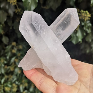May include: A cluster of clear quartz crystals with a pointed shape, arranged in a cross formation. The crystals are translucent and have a natural, rough texture.