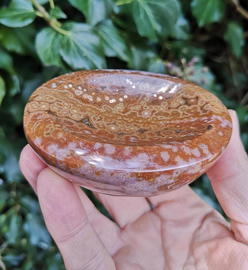 May include: A polished, brown and white agate bowl with a swirling pattern. The bowl is smooth and has a glossy finish.
