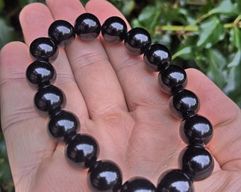 Black Obsidian Large Bead Bracelet - Obsidian 12mm Bead Crystal Bracelet - Black Obsidian Gem Protection Repels Negativity