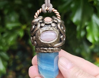 Lemurian Aquatine Calcite Rose Quartz Necklace - Handmade Energy Talisman Lost Cubit Tensor Ring, Blue Onyx + Pink Quartz- Link With Lemuria