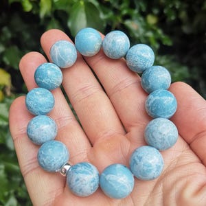 Larimar Bead Bracelet - Handmade Larimar Bracelet 14mm Beads with Sterling Silver Bead - Chunky Larimar Gem Stretch Bracelet - Earth Healing