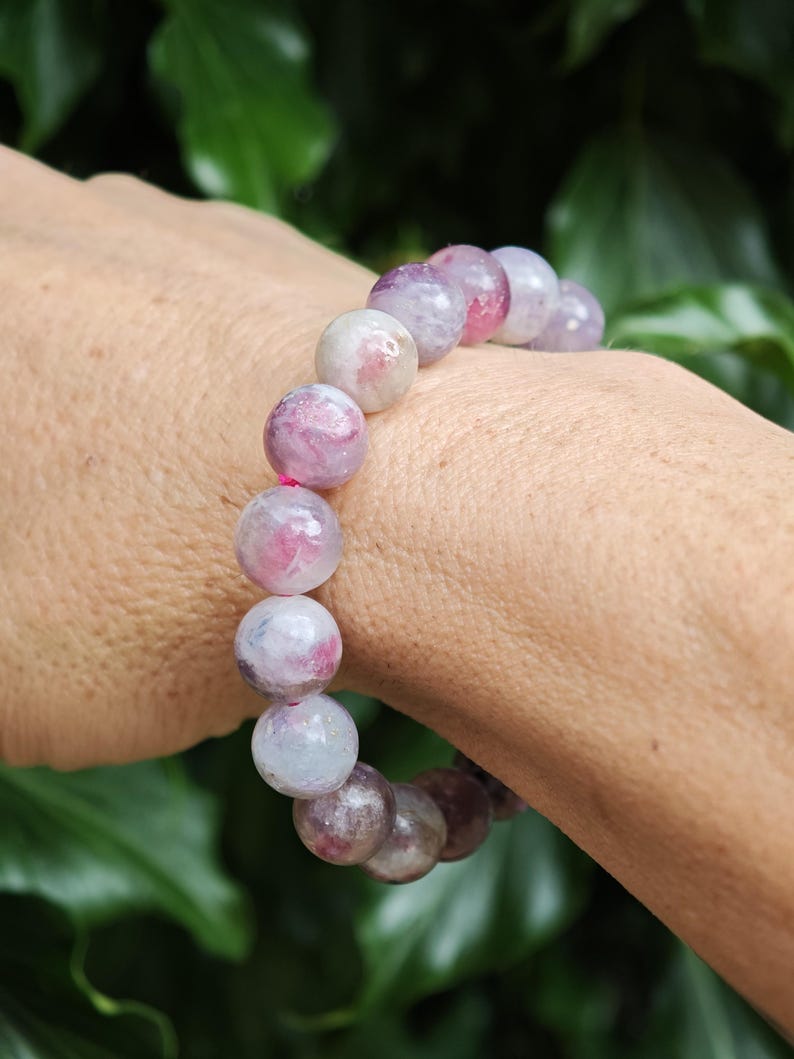 Unicorn Stone Large Bead Bracelet - Pegmatite 11mm Bead Bracelet - Pink Tourmaline, Lepidolite, Smokey Quartz Combi Bracelet 7-7 1/4 inch zdjęcie 6