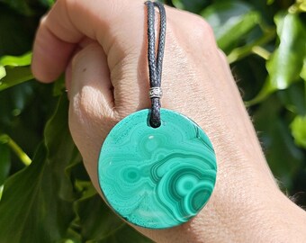 Malachite Necklace Minimal Style - Malachite Circle Necklace on Cotton Cord - Malachite Disk Necklace - Seconds As Seen