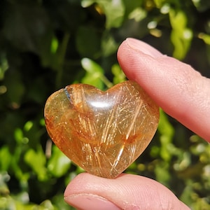 May include: A heart-shaped, polished gemstone with golden-brown inclusions. The translucent stone is held between fingers against a backdrop of green foliage. The gemstone's interior features delicate, needle-like structures.