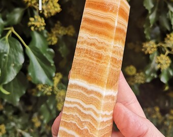 Orange Calcite Crystal Tower - 140mm Banded Orange Calcite Obelisk - 235g Orange Calcite Large Point - Cleansing & Amplifying