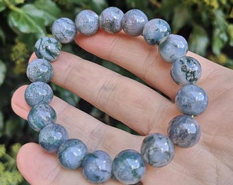 Moss Agate Large Bead Bracelet - Moss Gemstone 12mm Bead Bracelet - Green Moss Agate Crystal Bracelet - 7-7 1/2 inch wrist size