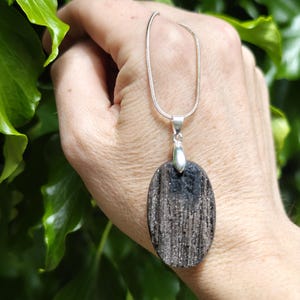 May include: A silver chain necklace featuring an oval pendant. The pendant is dark grey with a textured, vertically striped design. The necklace is set against a background of green leaves.
