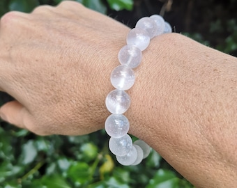 Selenite Crystal Bead Bracelet - Selenite 10mm Bead Bracelet - White Gemstone Cleansing & Clearing Bracelet - Stretch Gypsum Spar Bracelet