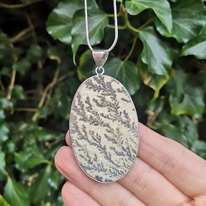 Peut inclure: Collier avec pendentif ovale et chaîne argentée. Le pendentif présente une pierre crème avec un motif dendritique noir et marron unique. Le pendentif est encadré d'argent. Fond de lierre vert.