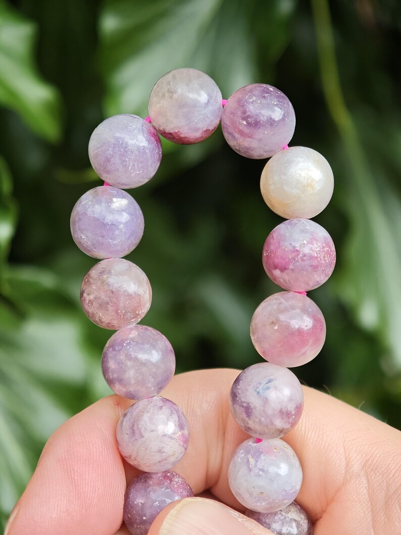 Unicorn Stone Large Bead Bracelet - Pegmatite 11mm Bead Bracelet - Pink Tourmaline, Lepidolite, Smokey Quartz Combi Bracelet 7-7 1/4 inch zdjęcie 10