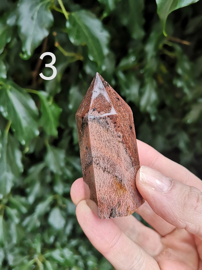 Puede incluir: Una punta de cristal roja y marr&oacute;n con una parte superior puntiaguda y una superficie lisa y pulida. El cristal se sostiene en una mano contra un fondo verde de hojas.