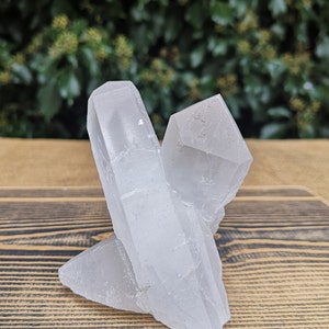 May include: A cluster of clear quartz crystals with a rough, natural texture. The crystals are arranged in a triangular shape, with the largest crystal in the centre.