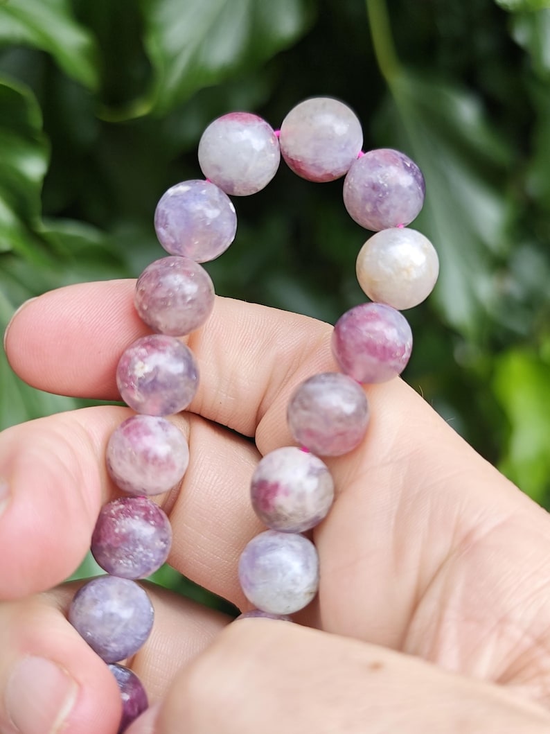 Unicorn Stone Large Bead Bracelet - Pegmatite 11mm Bead Bracelet - Pink Tourmaline, Lepidolite, Smokey Quartz Combi Bracelet 7-7 1/4 inch zdjęcie 3