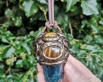 Fluorite Tigers Eye Necklace - Handmade Green Blue Fluorite Energy Talisman - Lost Cubit Tensor Ring + Golden Tigers Eye - Energy Protection