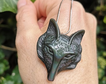 Rainbow Obsidian Fox Necklace- Flashy Rainbow Obsidian Wolf Necklace - Spirit Animal Crystal Talisman - Fox Totem Necklace 925 Silver