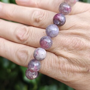 Unicorn Stone Large Bead Bracelet - Pegmatite 11mm Bead Bracelet - Pink Tourmaline, Lepidolite, Smokey Quartz Combi Bracelet 7-7 1/4 inch zdjęcie 4