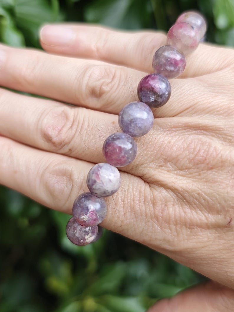 Unicorn Stone Large Bead Bracelet - Pegmatite 11mm Bead Bracelet - Pink Tourmaline, Lepidolite, Smokey Quartz Combi Bracelet 7-7 1/4 inch zdjęcie 4