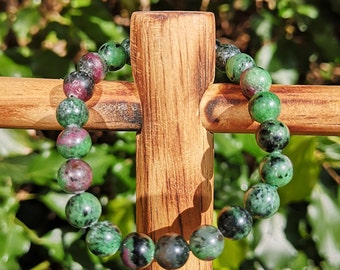 Ruby in Zoisite Bracelet - Ruby Zoisite Crystal 8mm Bead Bracelet - Anyolite Crystal Bracelet - Ruby Stretch Gemstone Bead Bracelet