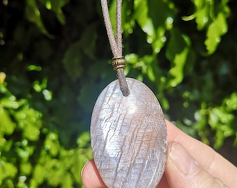 Moonstone Palm Stone Necklace - Flashy Moonstone Necklace - Moon Stone Minimal Look Necklace on Cotton Cord - Inner Growth New Beginnings