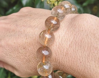 Golden Rutile XL Bead Bracelet - Golden Rutilated Quartz 13.5mm Bead Bracelet - Rainbow & Golden Rutile Quartz - Large 7 1/2 - 8 inch wrist