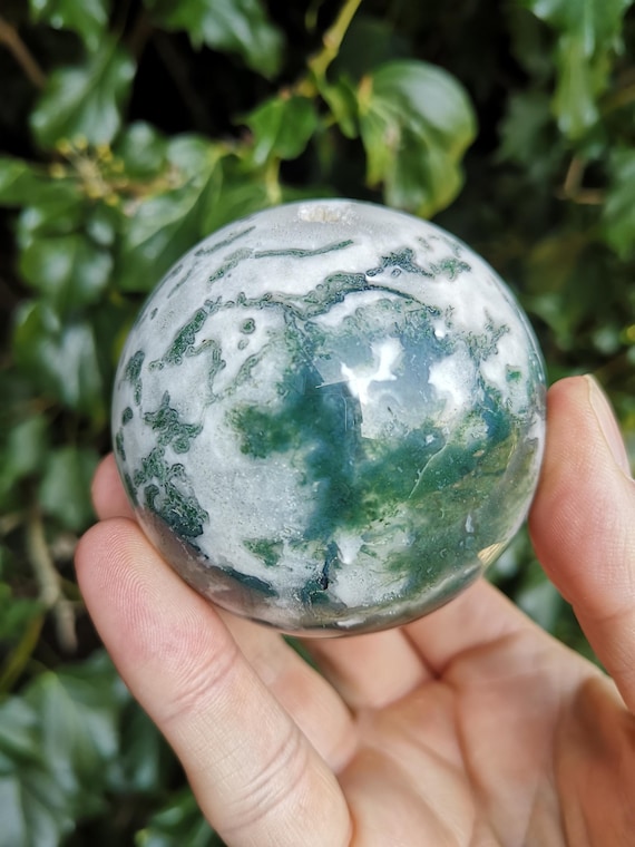 Moss Agate Sphere 380g - 65mm Druzy Quartz Moss Agate Crystal Sphere - Large Moss Agate Sphere with Druzy - Druzy Moss Agate Sphere