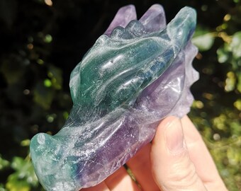 Fluorite Dragon Purple & Green 333g - 3 3/4 inch Hand Carved Rainbow Fluorite Dragon Head - Powerful Dragon in Green Purple Fluorite