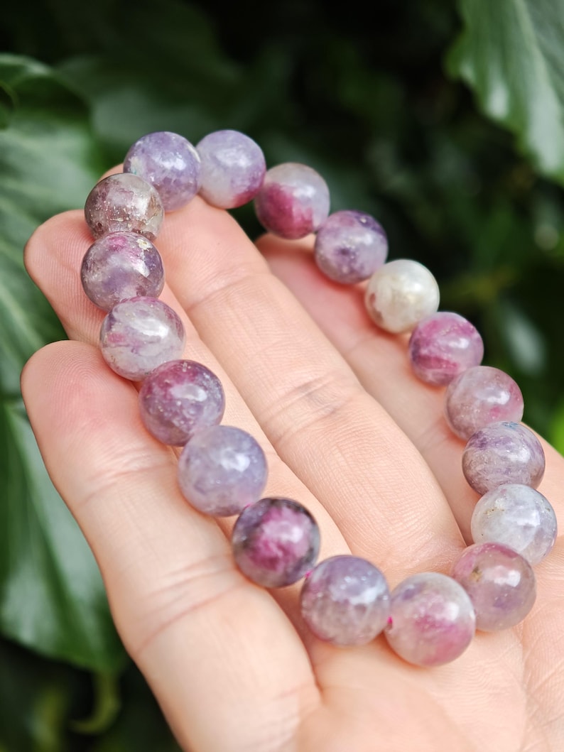 Unicorn Stone Large Bead Bracelet - Pegmatite 11mm Bead Bracelet - Pink Tourmaline, Lepidolite, Smokey Quartz Combi Bracelet 7-7 1/4 inch zdjęcie 5