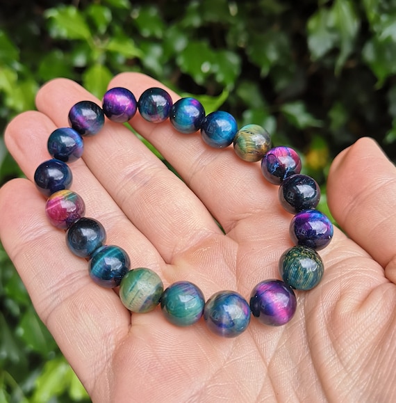 Galaxy Tigers Eye 10mm Bead Bracelet - Blue Tigers Eye Crystal Bracelet - Blue Galaxy Eye Gemstone Jewellery - Multicolour Tigers Eye