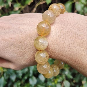 Golden Rutile in Quartz Bead Bracelet - Rare Golden Rutilated Quartz Large 14-15mm Bead Bracelet - Large Size Gold Rutile Bracelet
