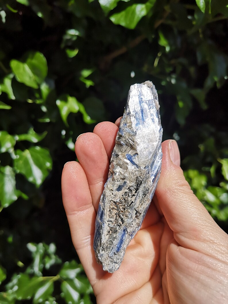 K&ouml;nnte beinhalten: Ein blauer Kyanit-Kristall mit silbernem Schimmer. Der Kristall ist rau und hat ein nat&uuml;rliches, rohes Aussehen.