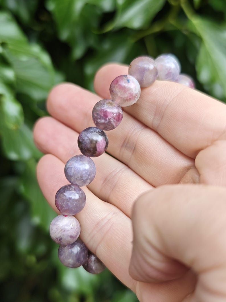 Unicorn Stone Large Bead Bracelet - Pegmatite 11mm Bead Bracelet - Pink Tourmaline, Lepidolite, Smokey Quartz Combi Bracelet 7-7 1/4 inch zdjęcie 9