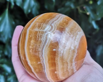 Orange Calcite Crystal Sphere 73mm - 551g Banded Yellow Calcite Sphere - Bright XL Orange Calcite Ball -Creativity, Motivation + Energising